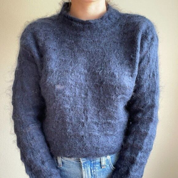 Vintage 90s Womens Esprit Blue Mohair Blend Oversized Lagenlook Fluffy Sweater